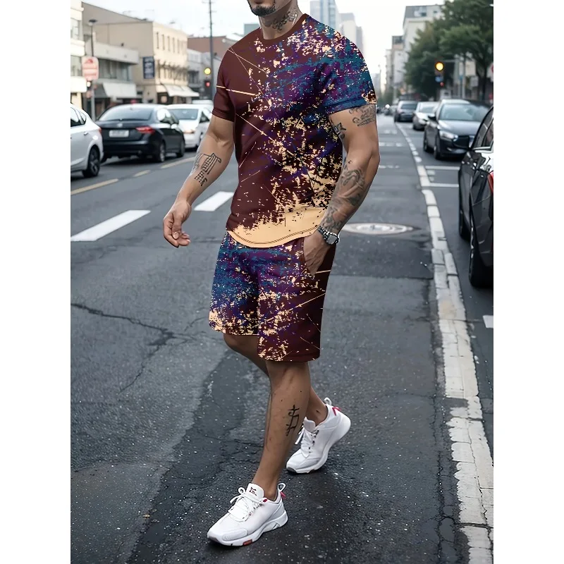 

2025 Men's Casual Sports Outdoor Color Printed Pattern T-shirt Shorts Set Round Neck Short Sleeved Casual Polyester Fiber Sports