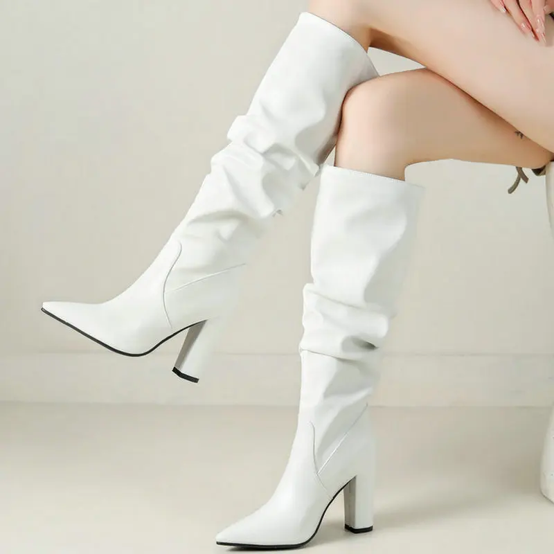 

White Black Brown Women Knee Boots Pointed Toe Square High Heel Ladies Calf Boots PU Leather Slip on Pleated Women Boots Big Siz