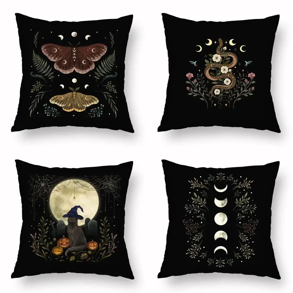 Home Decor Halloween-Themed Moon And Witch Pillowcases Pattern Cushion Cover Suitable For Sofa Bedroom Car Pillow Cover