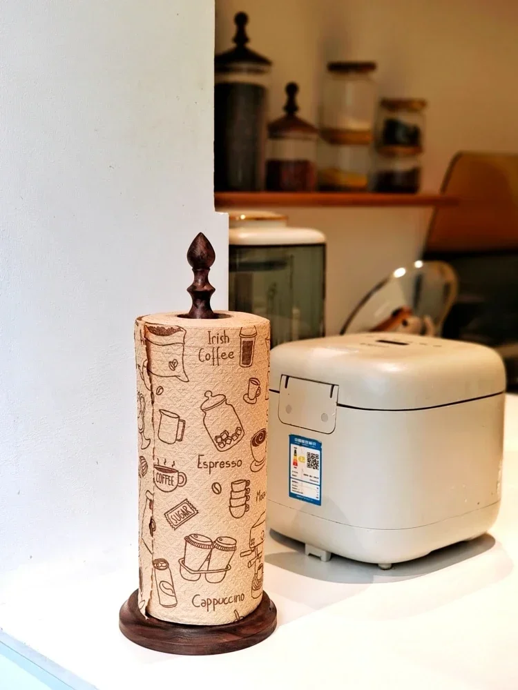 French Vintage Walnut Wooden Kitchen Tissue Holder Fresh Film Roll Paper Desktop Storage Holder Vertical Solid Wood Tissue Holde