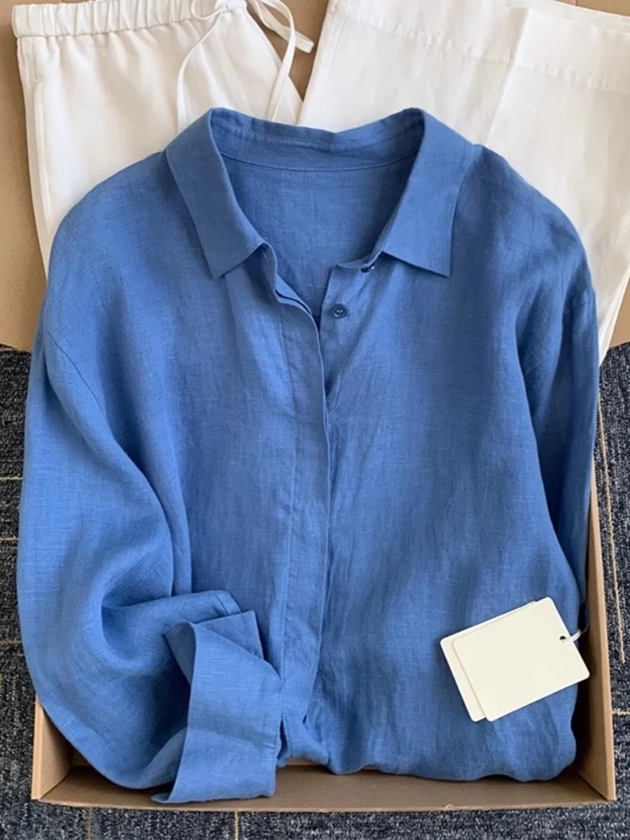 Blue Linen Shirt Women Summer Thin Loose Long Sleeve Sun Protection Cotton Linen Top Korean Style Commute Wind Pure Color Pol...