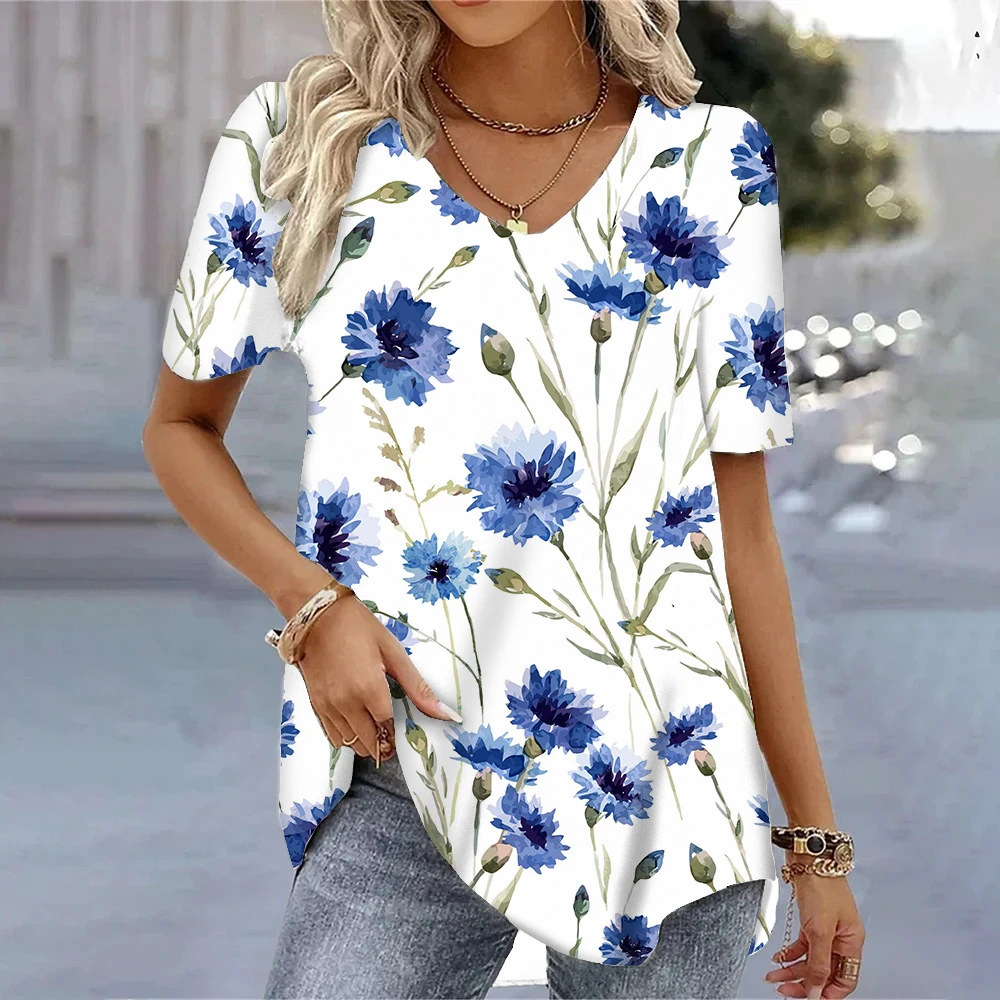 

Blue Floral Print Women's V-Neck Short Sleeve Top Fashion Women's Oversized T-Shirt Women's T-Shirts Japanese Harajuku Y2k 2000s