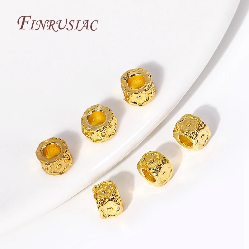 5X4MM 18K Gold Plated Barrel Shape Spacer Beads Plum Pattern Large Hole Beads For Bracelet,Loose Bead Separators Wholesale