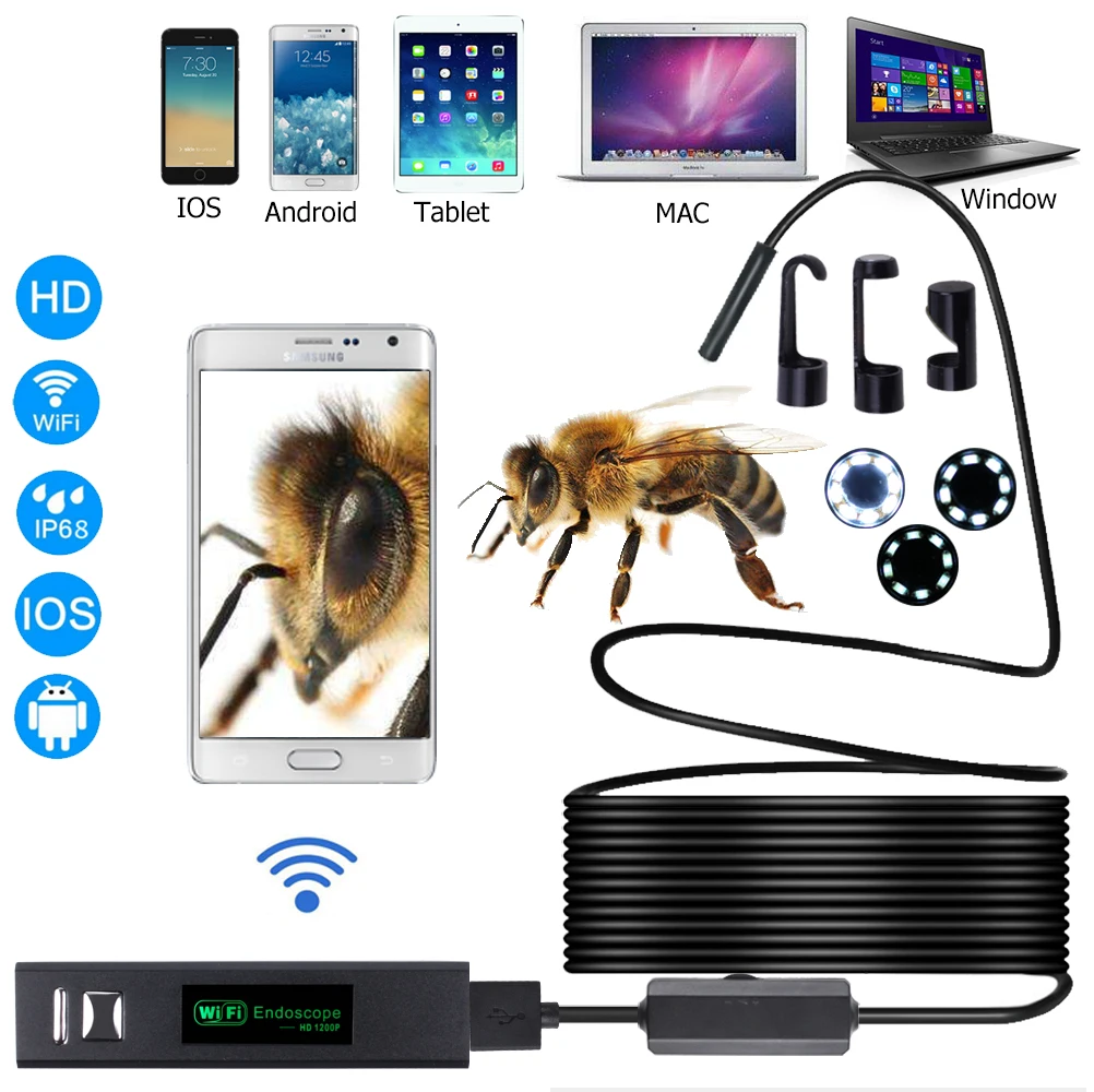 2MP 1200P 8MM Lens  Rigid Cable WIFI Endoscope Water-proof IP66 CMOS Borescope Inspection Digital Microscope Camera Otoscope