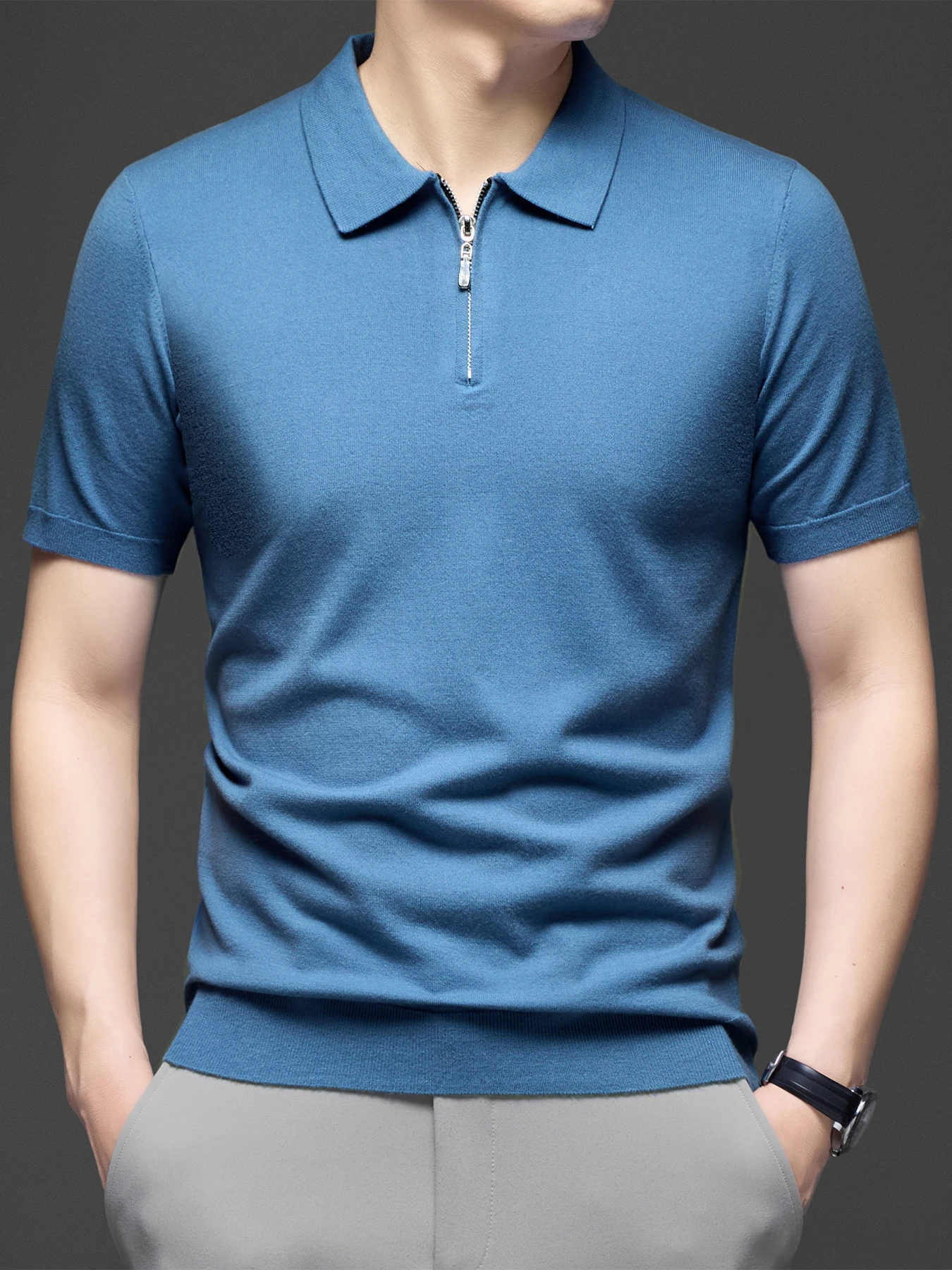 

Men Wool Blend Short Sleeve Knit Polo Shirt Zip Neck Soft Breathable Sweat Wicking Tops Casual Golf Summer Wear