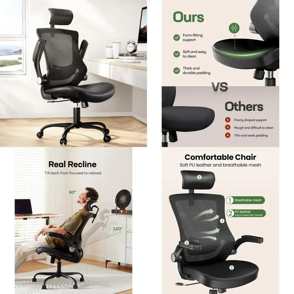 

Ergonomic Desk Chair with 360° Swivel, Mesh Back, Wide Seat, PU Leather, Adjustable Lumbar Support