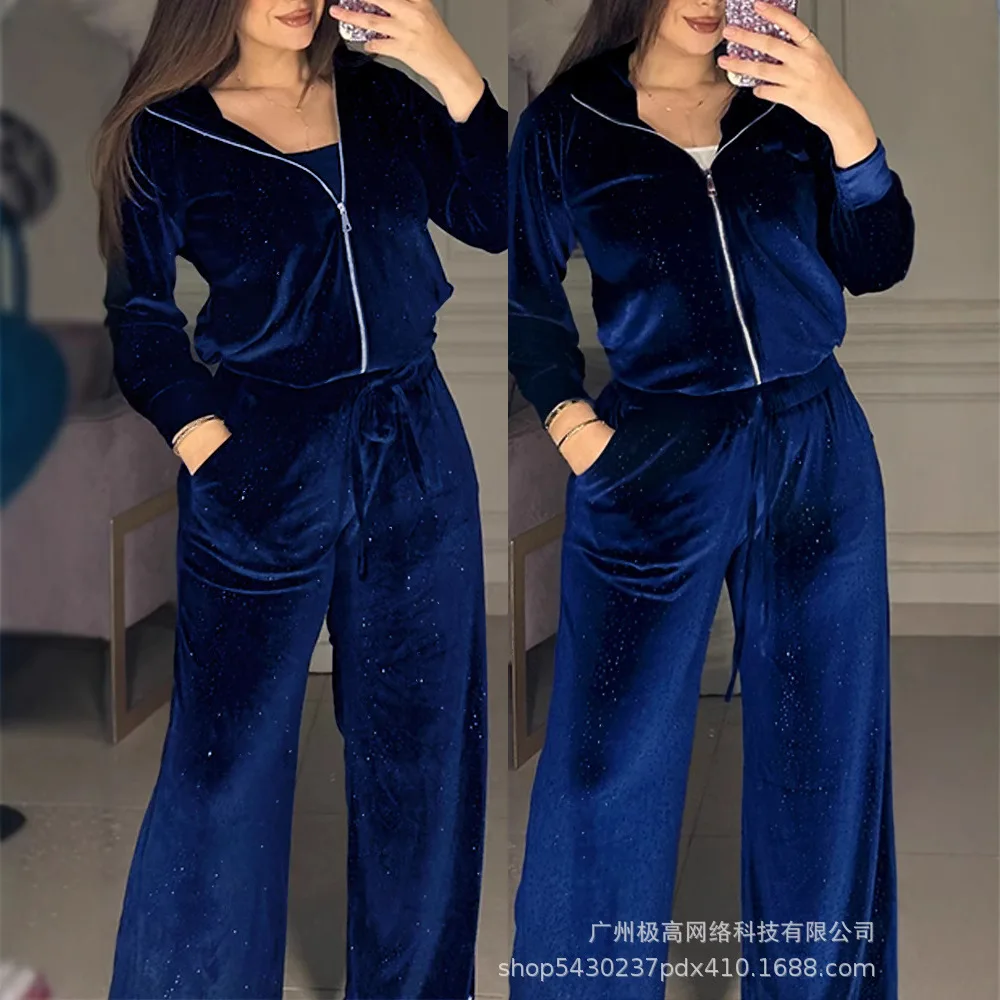 

Women 2 Piece Rhinestone Turn-down Collar Long sleeves Cardigan Wide Leg Pants Casual Pants Set