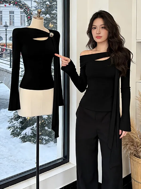 

Женская асимметричная футболка больших размеров Sa Long Sve, осенне-зимний утягивающий красивый базовый топ с дизайном irt, элегантный топ