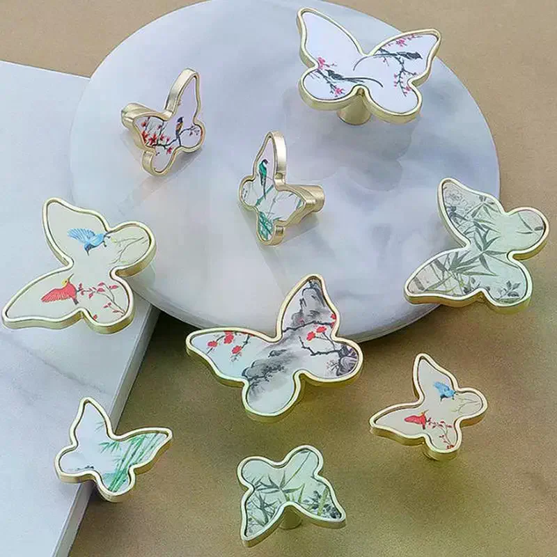 Butterfly Shaped Cabinet Knobs Furniture Handles: Chinese Painting Patterns Kitchen Wardrobe Drawer Home Decoration