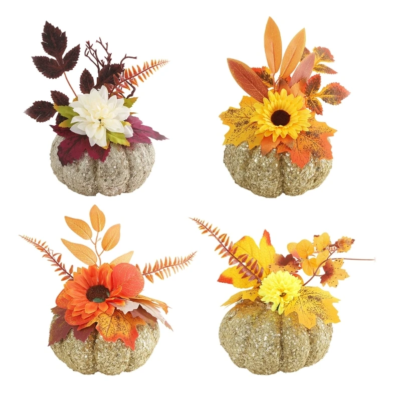 L9BE Artificial Fall Harvest Accent with Faux Flowers and Foliages for Home Table Styling and Thanksgiving Home Displays