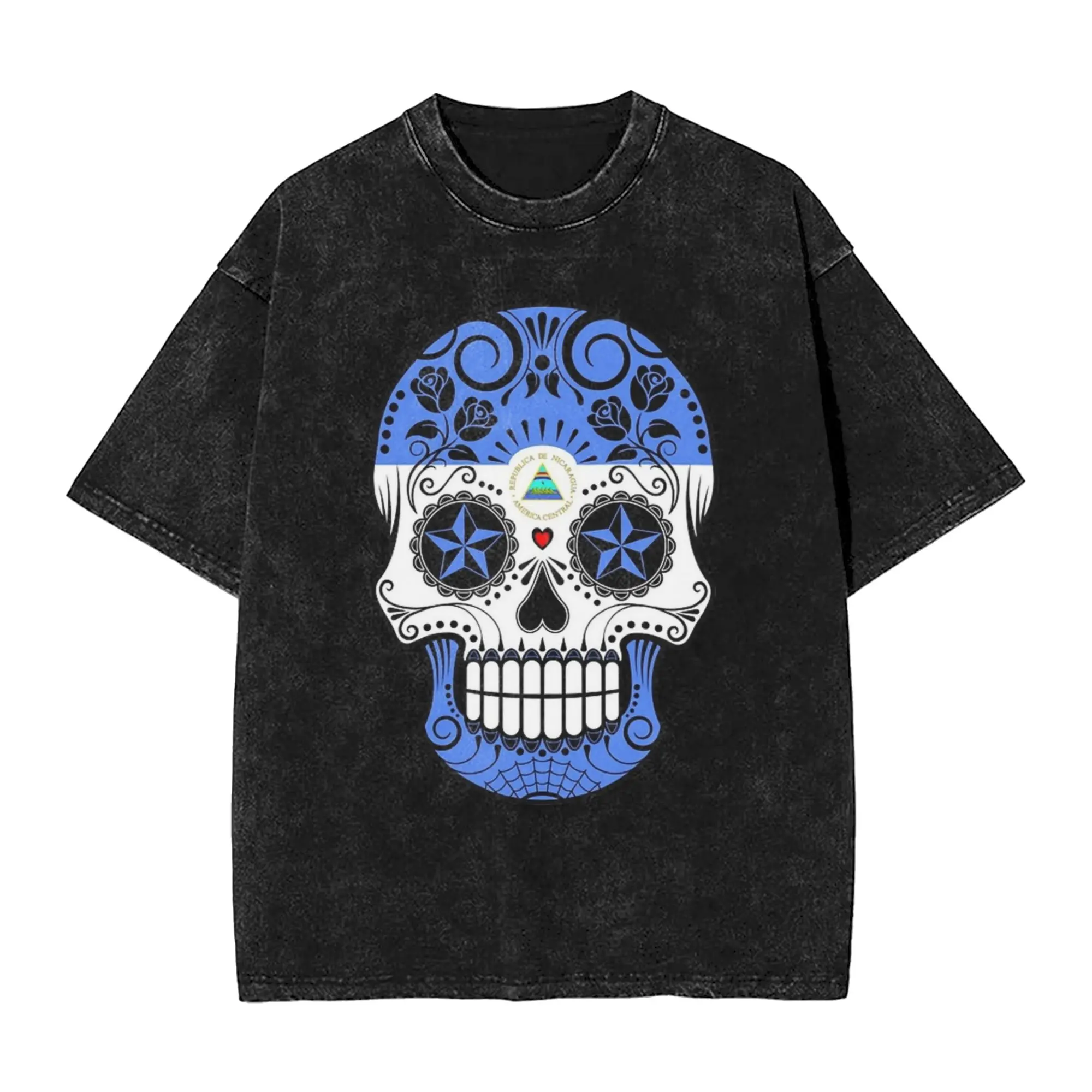 Sugar Skull with Roses and Flag of Nicaragua Washed T Shirts Streetwear Hip Hop T-Shirt  Tees Tops Men Women Cotton Oversize