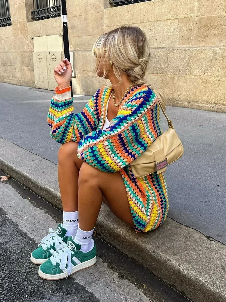 2024 Autumn Women Ethnic Crochet Top Coat Multicolored Striped Knit Loose Lantern Sleeve Sweater Cardigan Beach Cover-ups A2893