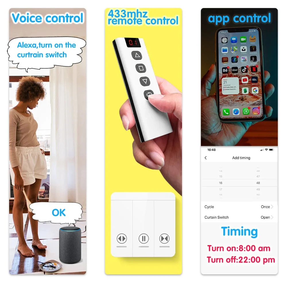 WiFi RF Roller Shutter Switch and 433MHz 5-in-1 Wireless Remote Control for Blinds,AC Motor work with Tuya,Google Assist,Alexa