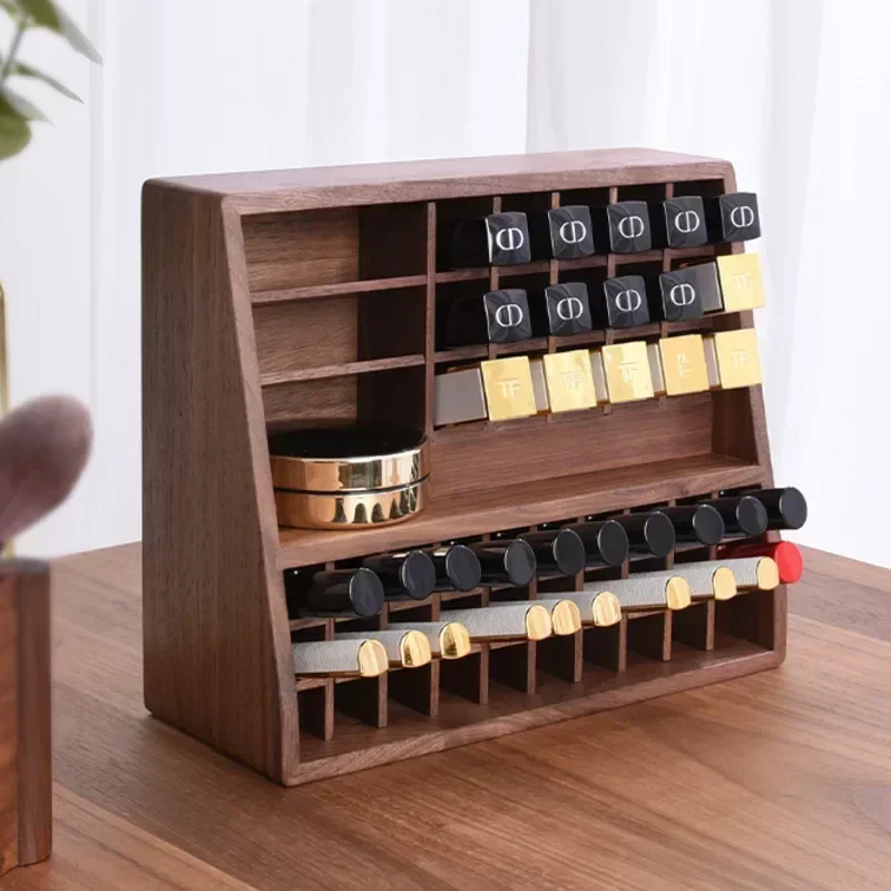 Luxury Black Walnut Makeup Organizer Large Capacity Lipstick Holder  Ins Lip Gloss Display Case High-End Cosmetic Storage Box