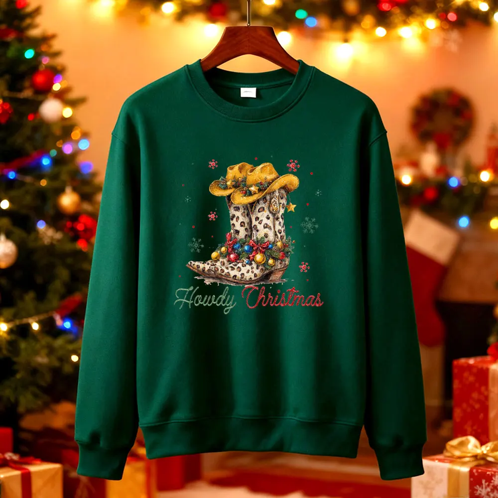 크리스마스 스웨트셔츠 컨트리 펀 크리스마스 스웨터 웨스턴 카우보이 부츠 후디 메리 크리스마스 여성용 홀리데이 후디