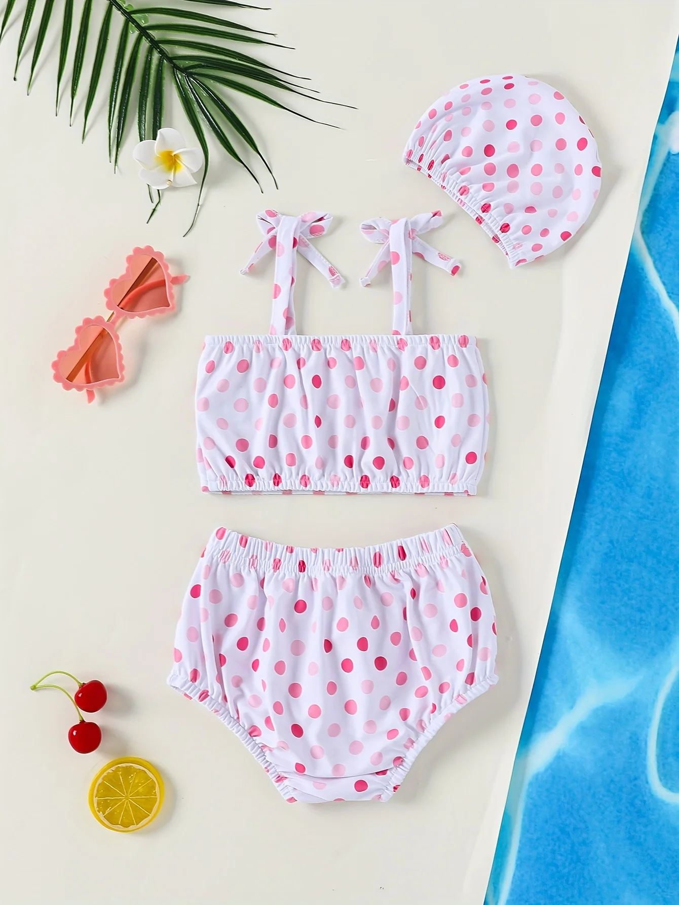 3 Piece Set Cute Fashion Polka Dot Summer Baby Girls Cool Comfort Camisole + Swim Briefs + Swim Cap Baby Swimsuit Set