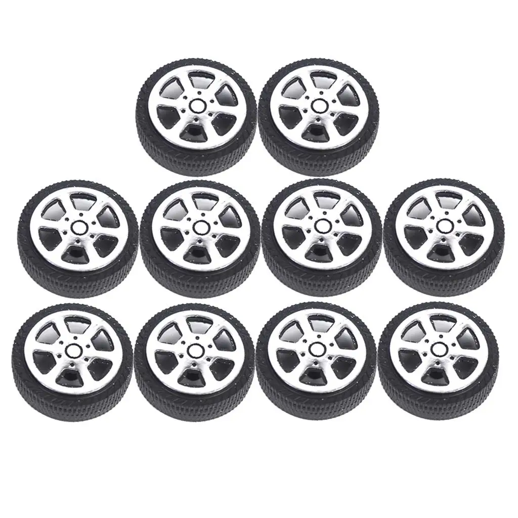 10Pcs Plastic .9mm Shaft Wheels Rims Tires Tyres for Model Car Trucks Building Accessories, 30mm