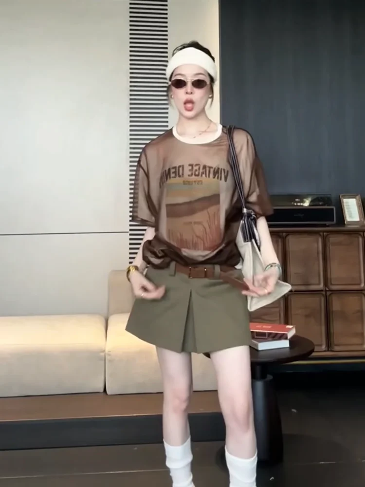 

American Sle Loose Me Splice ort Sve T-irt Women Summer High Sensation Unique Beautiful Top Trendy round Ne T-irt