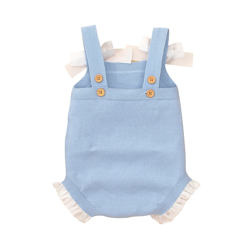 Adorkable Bowknot Spaghetti Straps Knitted Sleeveless Newborn Baby Girls Cotton Rompers Breathable Baby Bodysuit For Summer