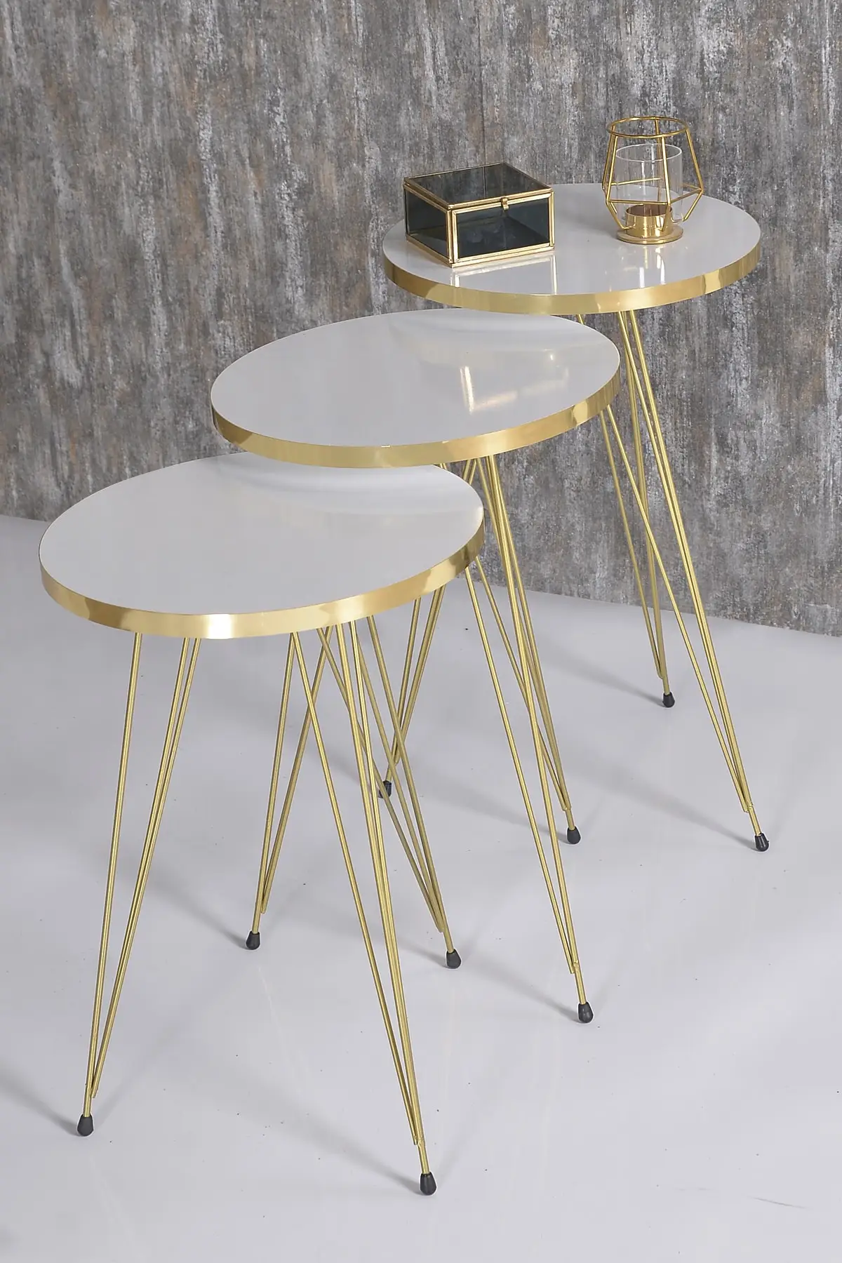 DOLBOVI Zigon Coffee Table and Medium Coffee Table White Ellipse Set Wire Foot Gold Coffee Table