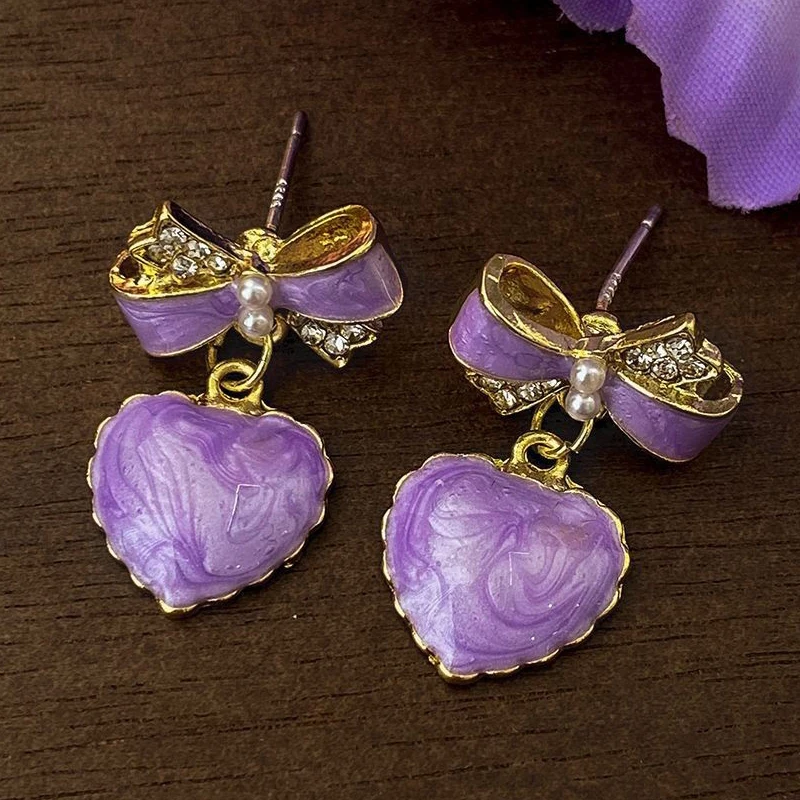 Sweet Purple Heart Dangle Earrings for Women Sweet Crystal Enamel Oil Bow Knot Drop Earrings Trendy Romantic Party Jewelry