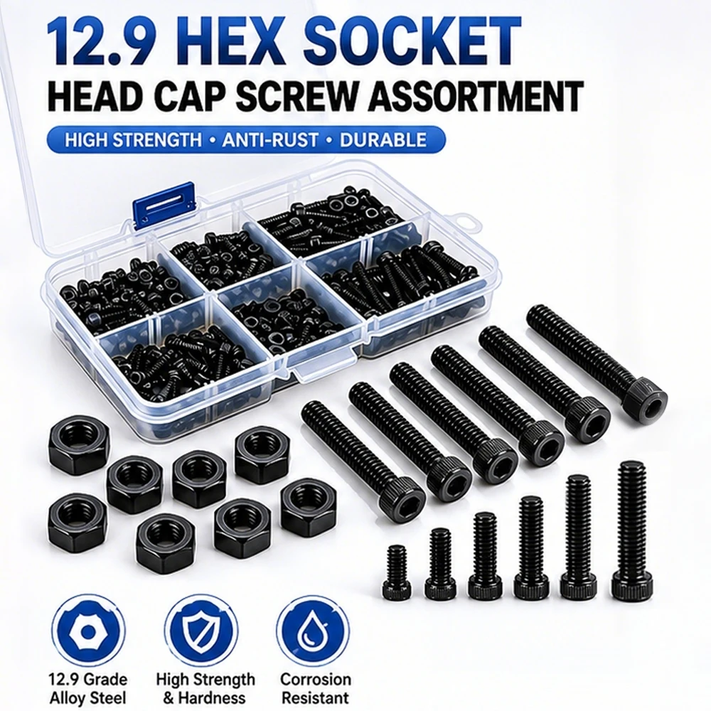 

180-300pcs Black Hex Socket Screws 12.9 Grade High Tensile Alloy Steel M2 M3 Metric Bolts for Industrial Maintenance