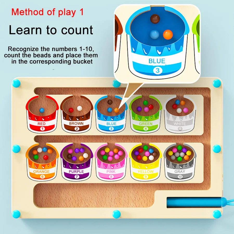 Jeux de tri de couleurs magnétiques Montessori, planche de labyrinthe, stylo, jeux de perles mobiles, contrôle en bois, jeu sensoriel, jouets éducatifs pour enfants
