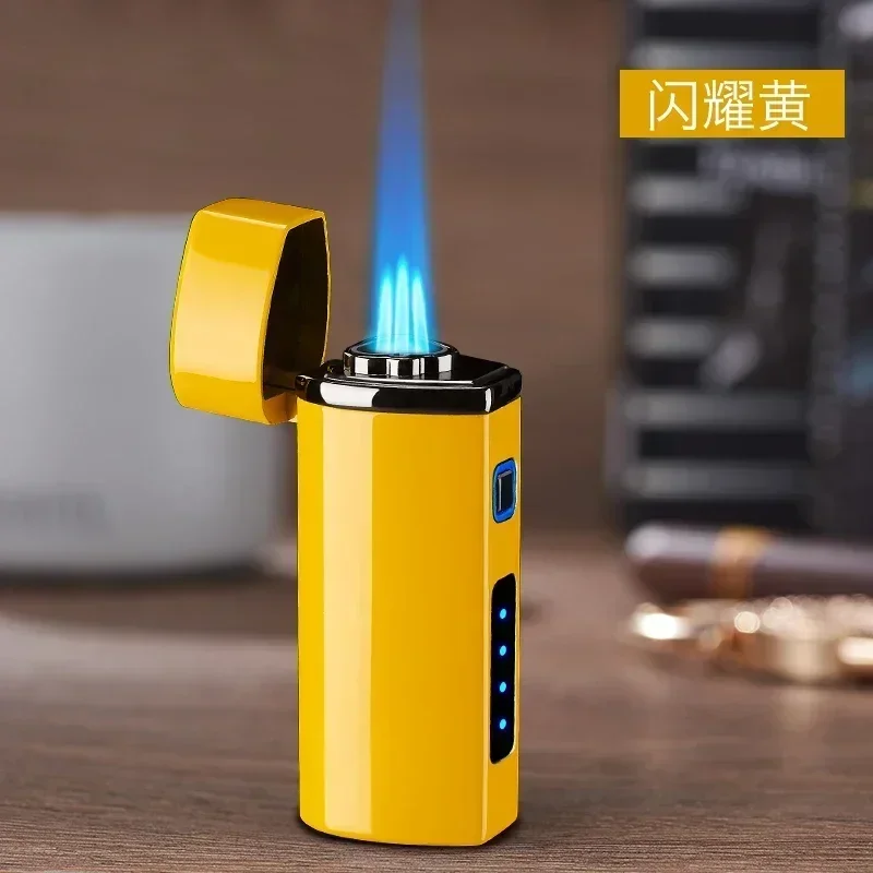 Metal Torch Lighter Visible Gas Blue Light Window Strong 3 Turbo Windproof Butane Gas With Cigar Drill Cigar Electric Lighters