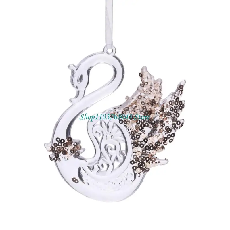 R53F Holiday Tree Ornament Christmas Hanging Accent with Clear Acrylic-Look Body Gold Fill Detail and Window Loop Accent