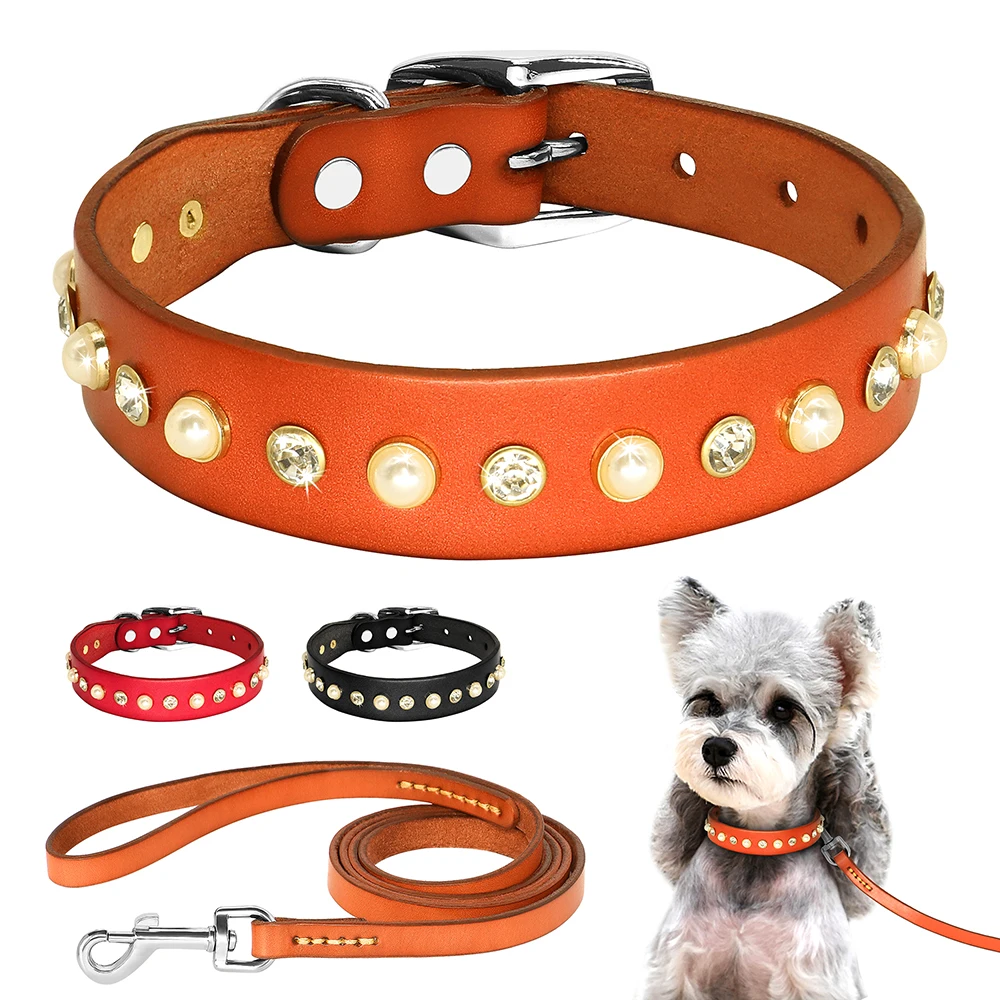 Genuine Leather Small Medium Dog Cat Collar Adjustable Rhinestone Diamond Accessories Pet Puppy Collars Leash Set For Chihuahua