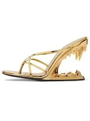 Attractive Woman Strange High Heel Shark Teeth Sandals Easy On And Off Slippers Gold Silver Black Female Party Sandal Shoes