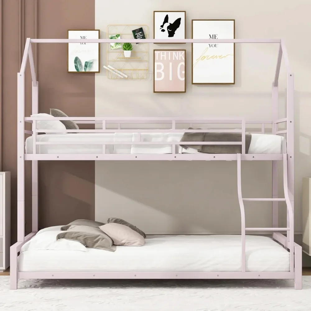 

Modern Twin Over Full Metal House Bunk Bed with Inclined Ladder, Convertible 2 Beds, Versatile BunkBed for Kids Boys Girls Teens