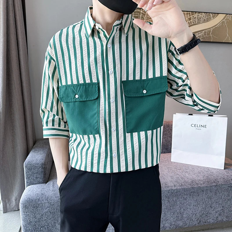 New Trendy Korean Men's Clothing 2024 Summer Fashion Stripes Three Quarter Sleeve Shirt Double Chest Pockets Dress Shirts