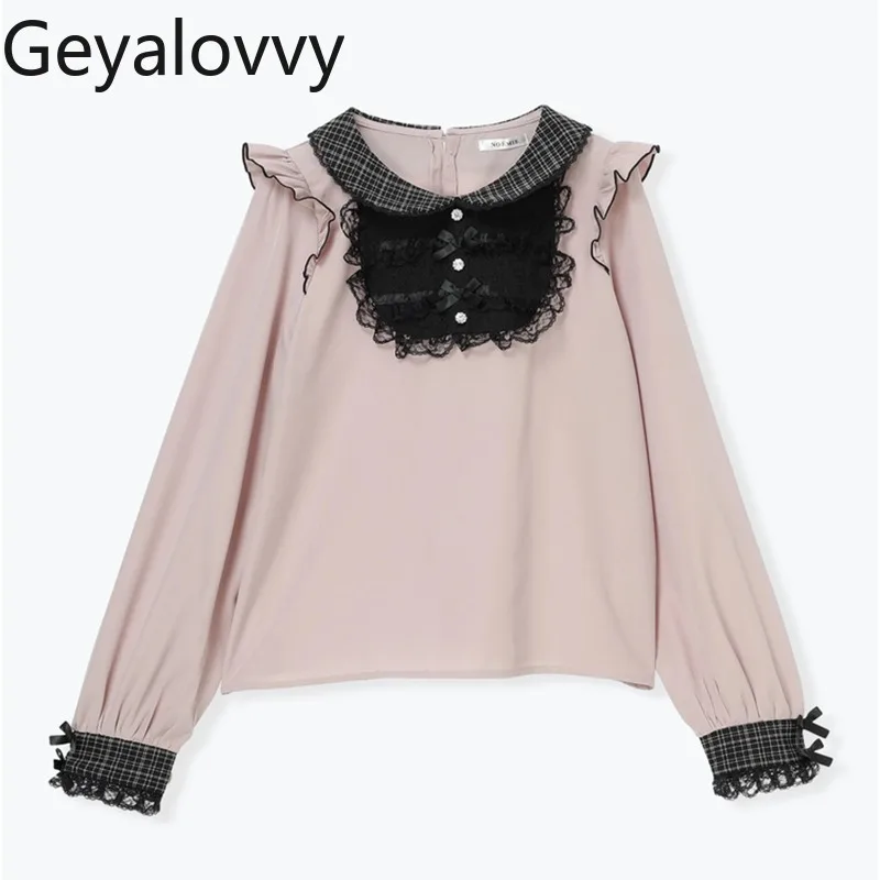 

Japanese Style Spring Autumn New Sweet Girls Mass-Produced Long Sleeve Shirt Doll Collar Versatile Blouse Bow Lace Tops