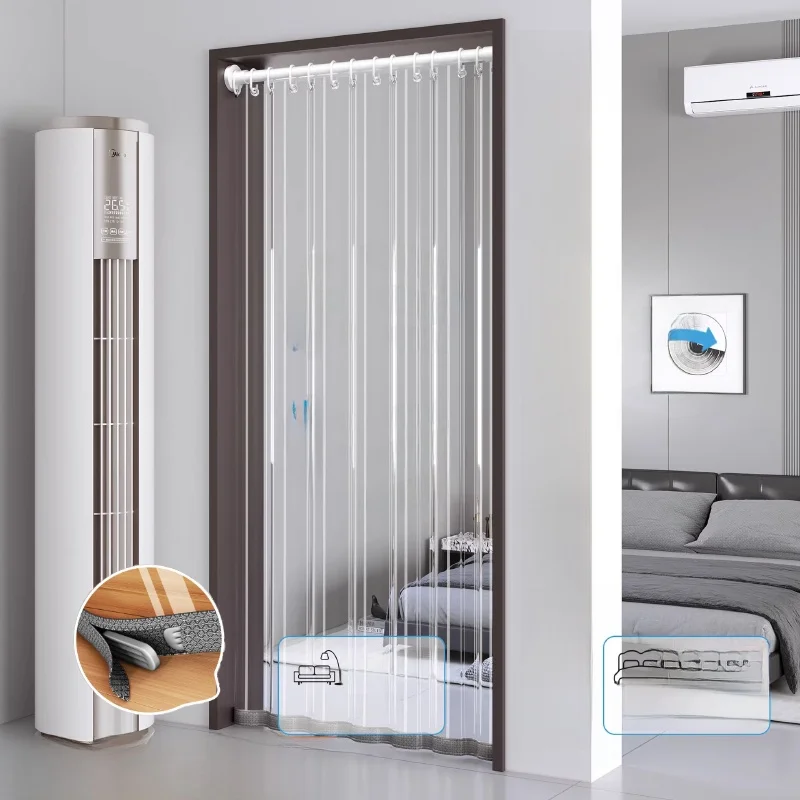 Sliding Hole-Free Air Conditioner Door Curtain Transparent Kitchen Partition Curtain Oil Smoke Proof Home Use Open Kitchen