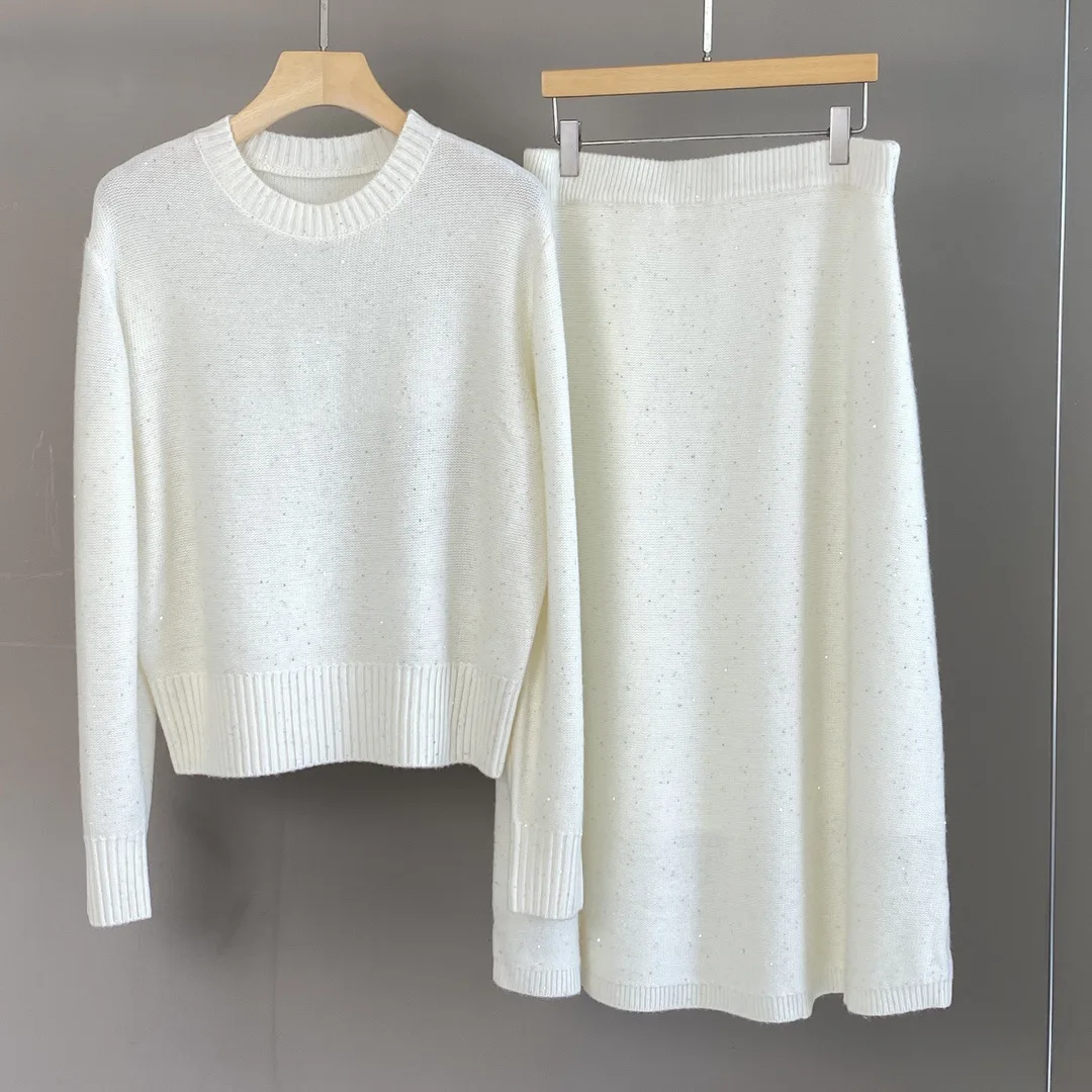 

Women's Autumn and Winter New Arrival Sequin Cashmere Crewneck Long-Sleeved Sweater Casual All-Match suit Skirt with Loose Waist