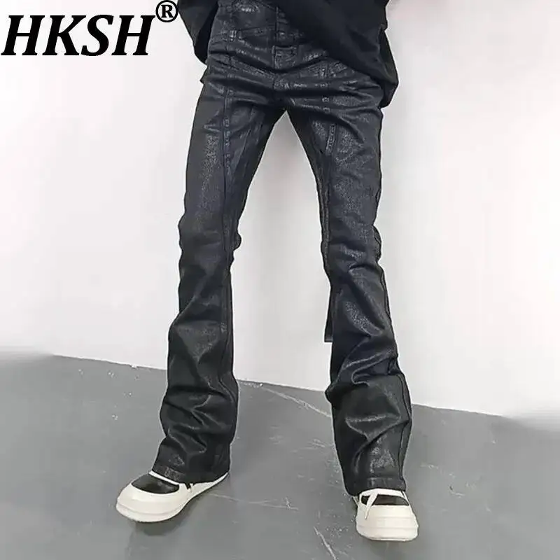 HKSH Coated Waxed Three-Dimensional Cut Star-Shaped Micro-Flare Jeans High Street RO Style Fashion Punk Dark Denim Pants HK26222