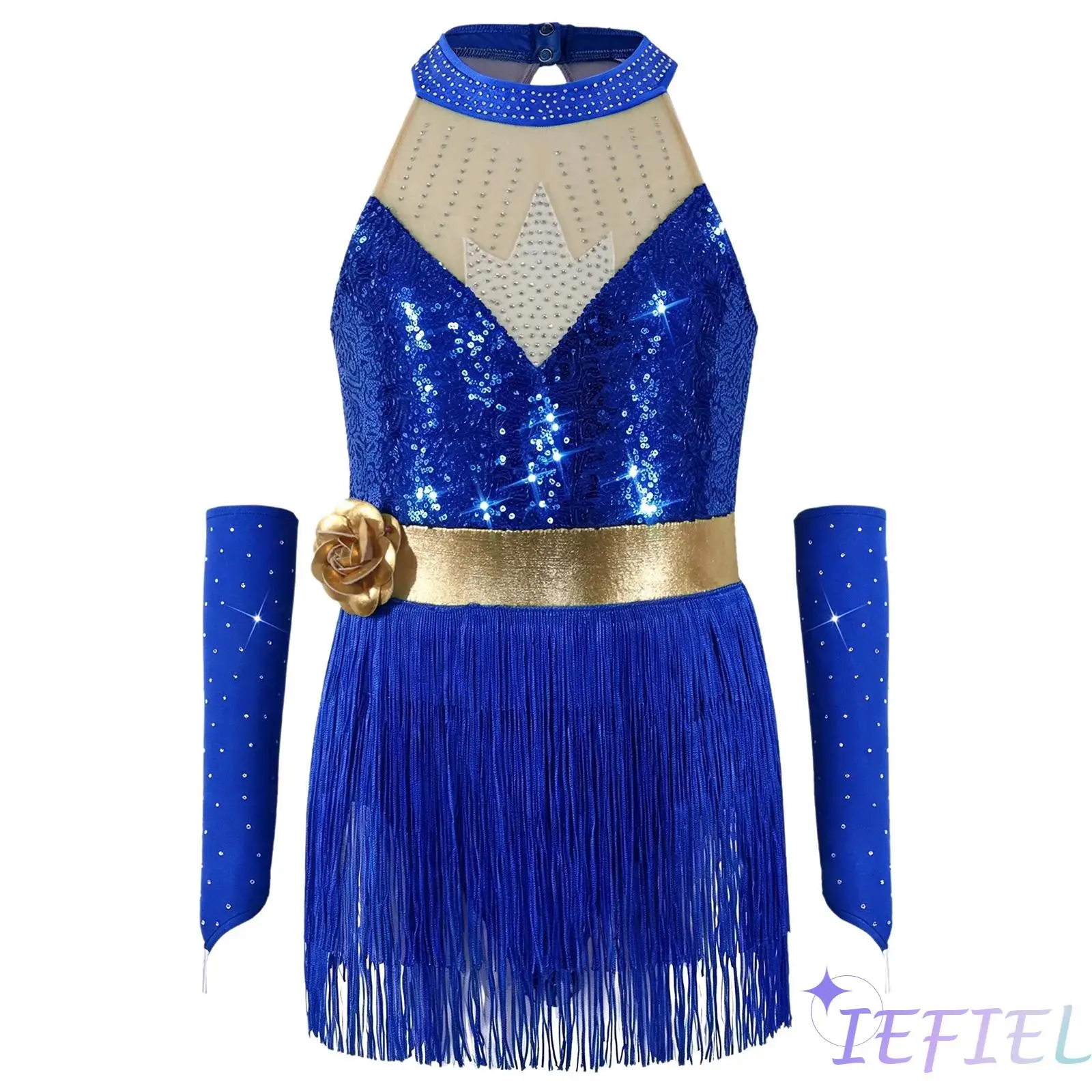 Girls Rhinestone Tassel Latin Dance Leotard Keyhole Back Mesh Patchwork Metallic Bodysuit Dress with Gloves Tango Dancewear