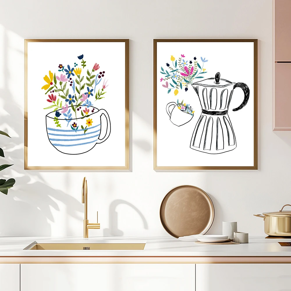 Funny Coffee Machine Cups Floral Wall Art Prints Poster Coffee Flowers Trendy Canvas Painting Pictures for Home Kitchen Decor