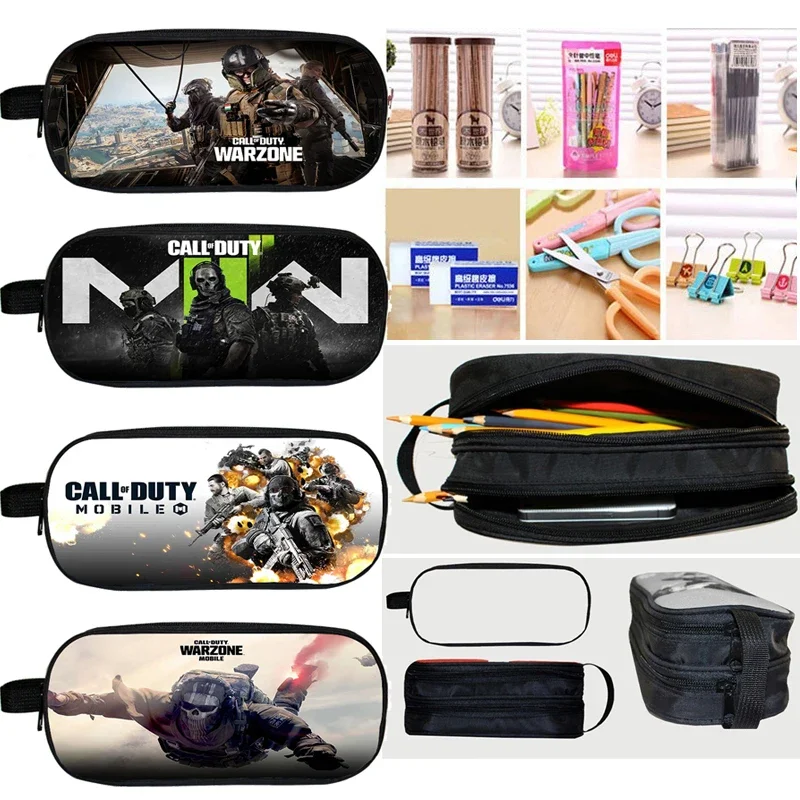 Saco de lápis de camada dupla para crianças, casos cosméticos, Call of Duty, impressão Warzone, caixa de maquiagem, material escolar, papelaria