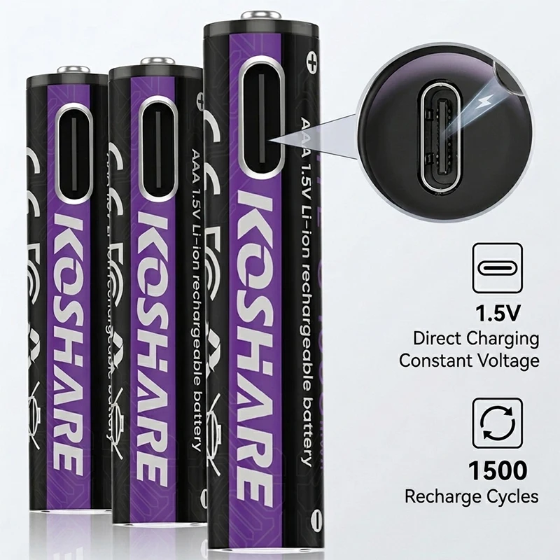

KOSHARE 1.5V AAA Rechargeable Lithium Battery 1000mWh Type-C USB Fast Charge Li-ion Batteries 1500 Cycles for Remote Control Toy