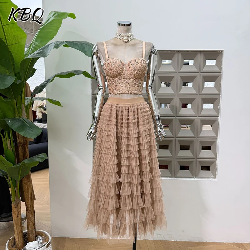 

KBQ однотонные комплекты из двух предметов для женщин, короткие топы без рукавов с квадратным воротником, сетчатая длинная юбка с высокой талией, темпераментное платье, женское новое