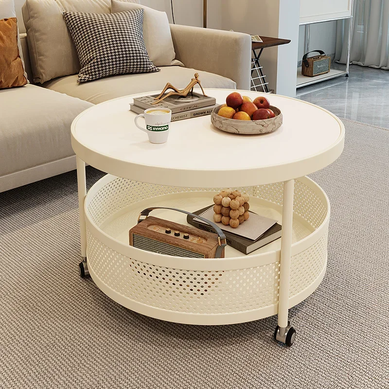 Cream wind light luxury rock slab living room coffee table small apartment household round net red with wheels movable trolley