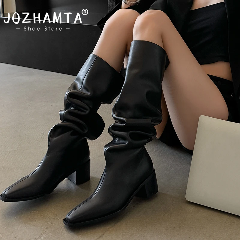 

JOZHAMTA Size 33-40 Women Ruched Knee Boots Genuine Leather Wide Calf Chunky Heels Shoes Fall Winter 2024 Casual Long Tall Boots