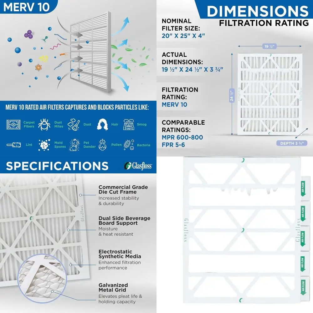 

MERV 10 20x25x4 Pleated Air Filter, Pack of 6, Exact Size 19.5 x 24.5 x 3.75