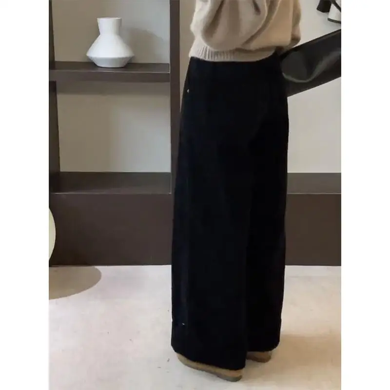 ハイウエストワイドレッグコーデュロイパンツ韓国風スリムカジュアルパンツ女性用秋冬ファッショナブルストレートパンツ