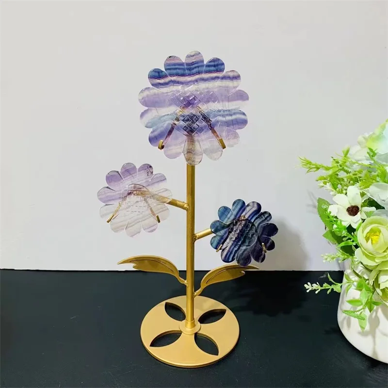 Natural Quartz Sunflower Bracket for Decoration, Healing Crystal Material, Carved Rainbow Fluorite