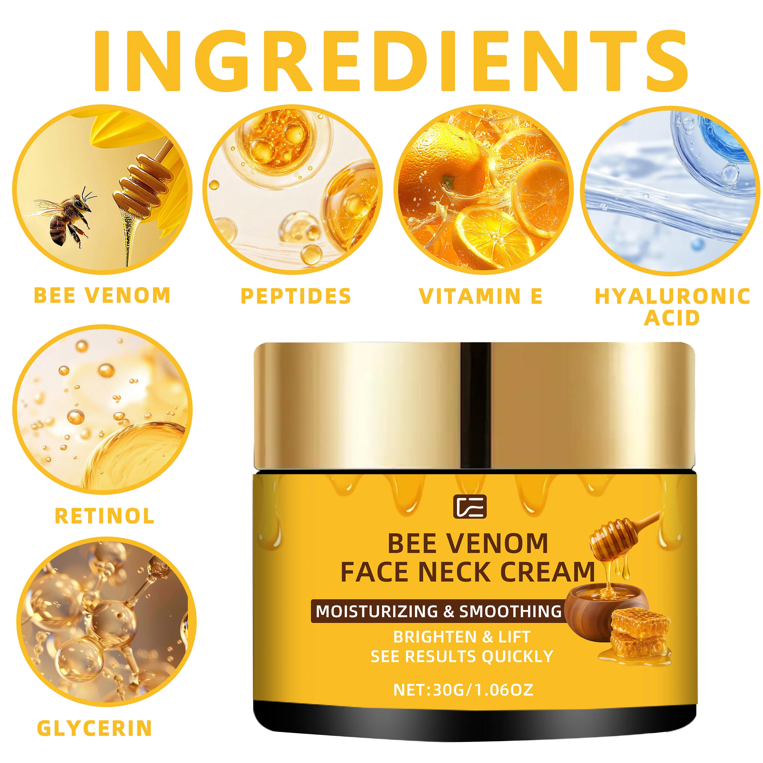 Bee Venom Face Neck Cream: Firming Lifting Smooth, Fast-Absorbing Alcohol-Free, for All Light Beige Types