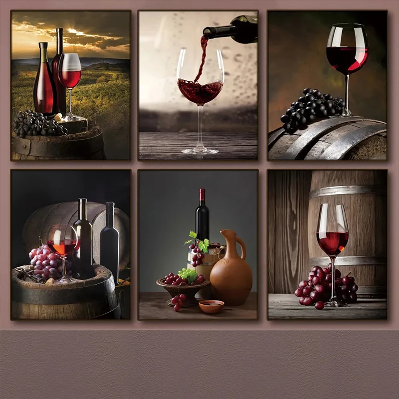 Kitchen Bar Red Wine Grape Beer Wall Art Canvas Painting Still Life Nordic Poster Wall Picture for Restaurant Living Room Decor