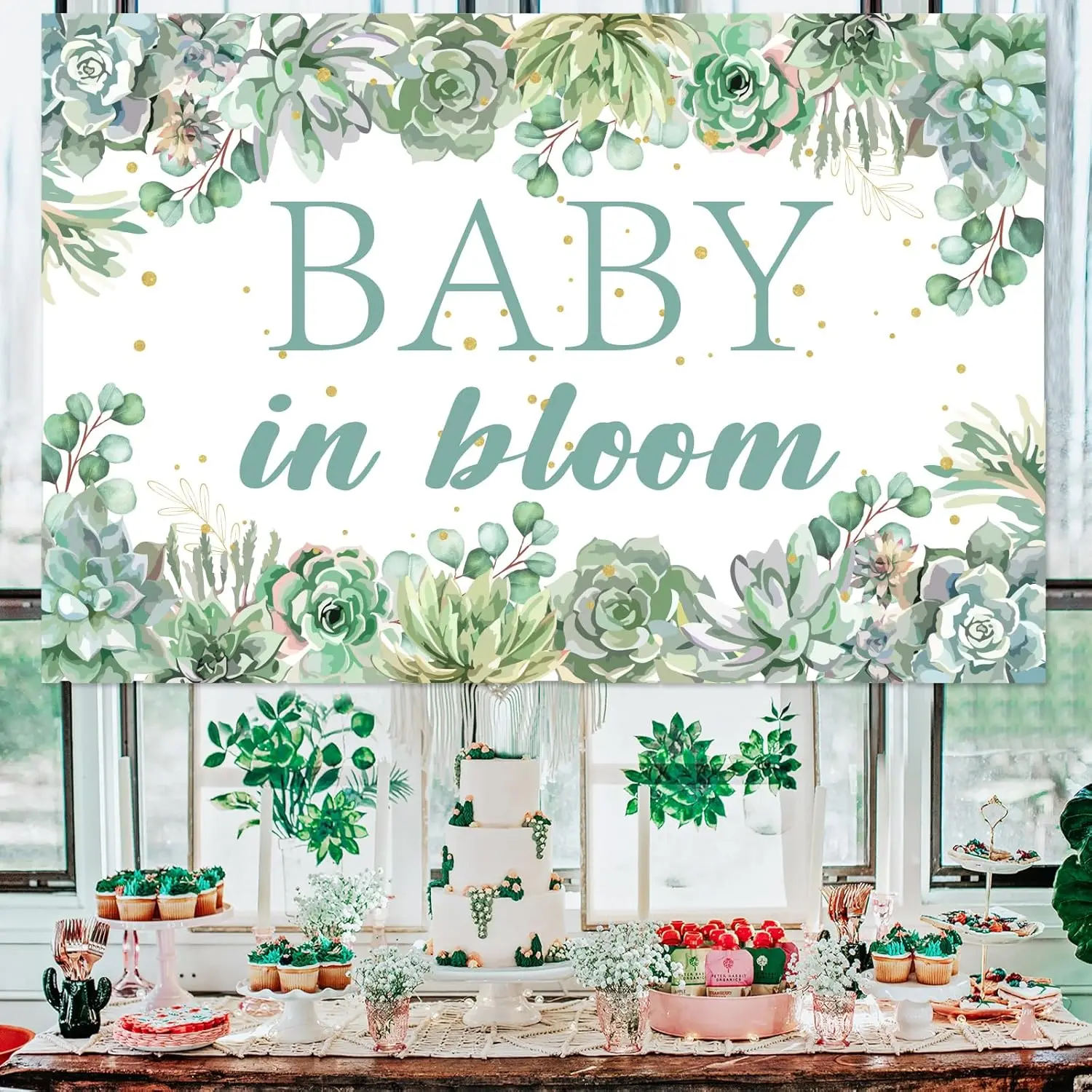 Fondo para Baby Shower de plantas suculentas de 7x5 pies, decoración de cumpleaños para bebé en flor, pancarta, suministros para revelar género con temática de jardín verde